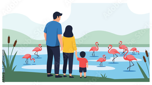 Family enjoying a peaceful moment watching flamingos beside a pond at the zoo. Ideal for nature experiences, wildlife viewing, and educational tourism