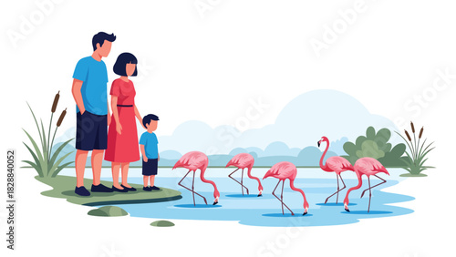 Family enjoying a peaceful moment watching flamingos beside a pond at the zoo. Ideal for nature experiences, wildlife viewing, and educational tourism