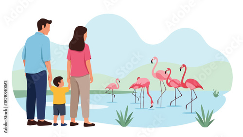 Family enjoying a peaceful moment watching flamingos beside a pond at the zoo. Ideal for nature experiences, wildlife viewing, and educational tourism