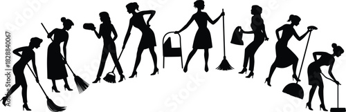 Black Silhouettes of Women Cleaning with Brooms, Dustpans, and Buckets, Representing Domestic Chores, Professional Cleaning Services, and Housekeeping