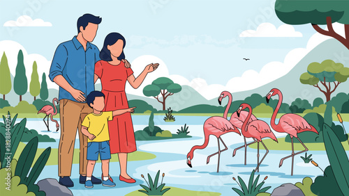 Family enjoying a peaceful moment watching flamingos beside a pond at the zoo. Ideal for nature experiences, wildlife viewing, and educational tourism