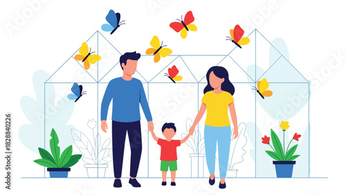 Family walking through a butterfly garden exhibit inside the zoo. Ideal for nature learning, peaceful environments, and educational family activities