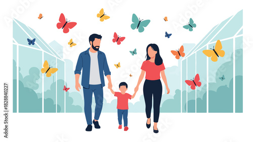 Family walking through a butterfly garden exhibit inside the zoo. Ideal for nature learning, peaceful environments, and educational family activities