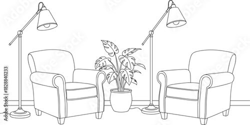 Line Art Outline Vector of Cozy Reading Nook with Two Armchairs, Floor Lamps, and Potted Monstera Plant, Perfect for Interior Design Coloring Books.