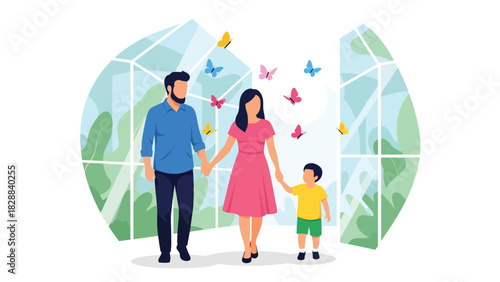 Family walking through a butterfly garden exhibit inside the zoo. Ideal for nature learning, peaceful environments, and educational family activities