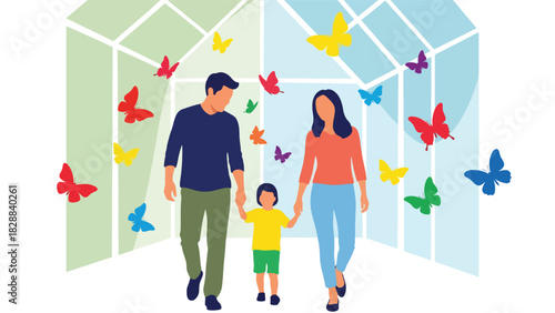 Family walking through a butterfly garden exhibit inside the zoo. Ideal for nature learning, peaceful environments, and educational family activities