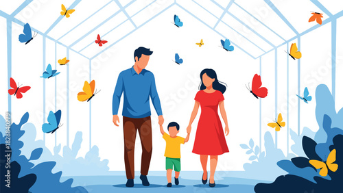 Family walking through a butterfly garden exhibit inside the zoo. Ideal for nature learning, peaceful environments, and educational family activities