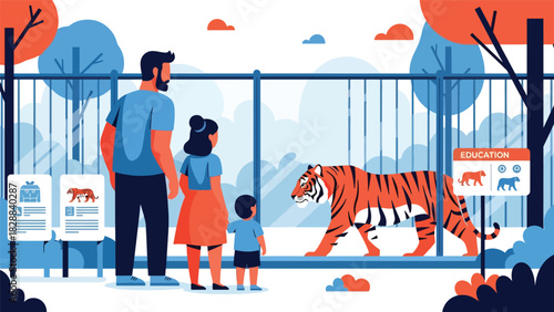 Parents and children watching a tiger behind protective barriers at the zoo. Ideal for wildlife education, zoology interest, and family tourism visuals