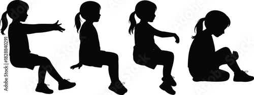 Silhouette collection of a young girl sitting in various poses, symbolizing childhood, body language, waiting, school, expression, isolated, black, white, design