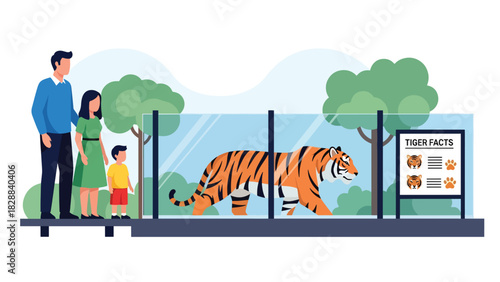 Parents and children watching a tiger behind protective barriers at the zoo. Ideal for wildlife education, zoology interest, and family tourism visuals