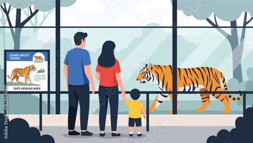 Parents and children watching a tiger behind protective barriers at the zoo. Ideal for wildlife education, zoology interest, and family tourism visuals