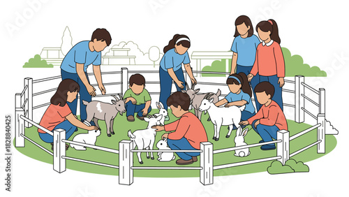 Children feeding and petting animals inside the petting zoo area. Ideal for hands-on learning, interaction, and family-friendly entertainment themes