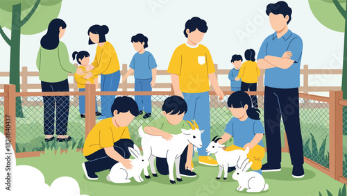 Children feeding and petting animals inside the petting zoo area. Ideal for hands-on learning, interaction, and family-friendly entertainment themes