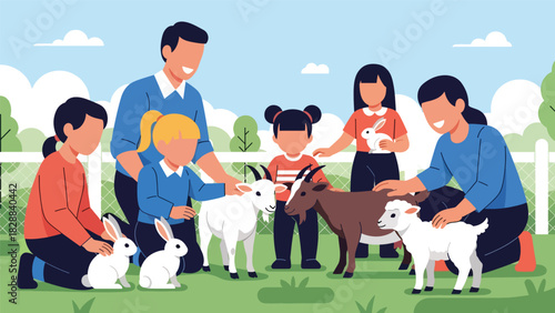 Children feeding and petting animals inside the petting zoo area. Ideal for hands-on learning, interaction, and family-friendly entertainment themes