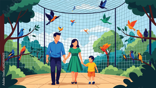 Family walking inside the bird aviary observing colorful species. Ideal for nature learning, wildlife ecology, and peaceful zoo experiences