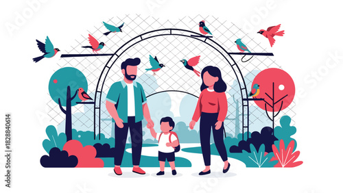 Family walking inside the bird aviary observing colorful species. Ideal for nature learning, wildlife ecology, and peaceful zoo experiences