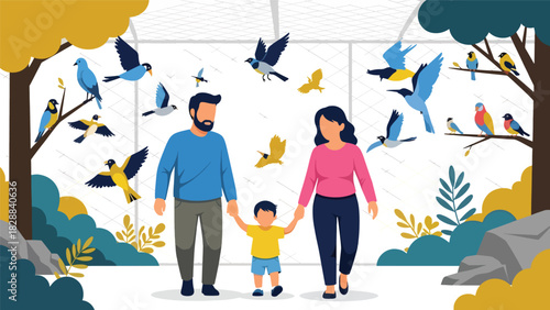 Family walking inside the bird aviary observing colorful species. Ideal for nature learning, wildlife ecology, and peaceful zoo experiences
