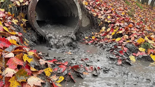 Concrete pipe discharging muddy water into a leaf covered embankment during daytime