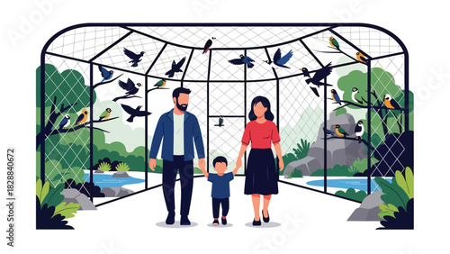 Family walking inside the bird aviary observing colorful species. Ideal for nature learning, wildlife ecology, and peaceful zoo experiences