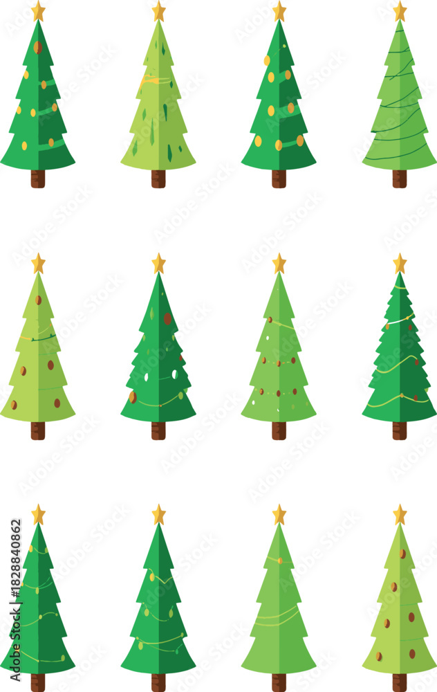 Fototapeta premium Green Christmas Tree Icons Set with Stars, Festive Winter Holiday Evergreen Collection