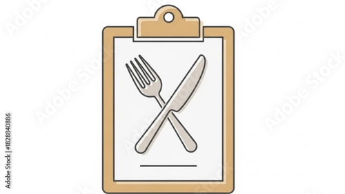 Simple icon of a clipboard with a crossed fork and knife representing a food order, menu, or restaurant service