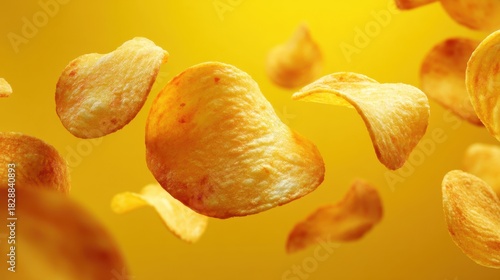 Waves of crispy potato chips hover against a bright yellow background showcasing their texture and shape. The scene is lively and full of energy inviting snack lovers to indulge.