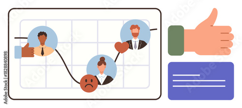 People icons on a fluctuating line chart representing emotional response. Includes thumbs-up and sad emotion. Ideal for feedback, communication, empathy, business evaluation, emotions, teamwork