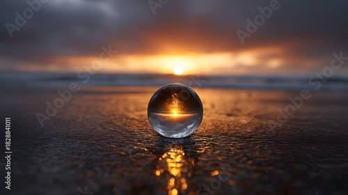 Wallpaper Mural A glass sphere rests on a wet beach capturing the vibrant reflection of a dramatic sunset over the ocean Torontodigital.ca