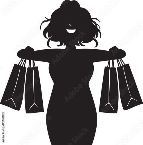 Happy woman silhouette holding multiple shopping bags after a successful shopping spree.