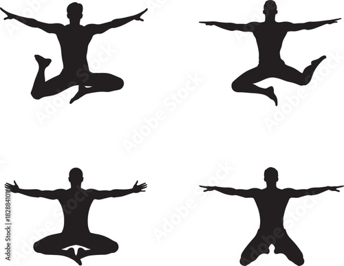 Set of black male silhouettes in various dynamic and meditative poses representing freedom and movement isolated on white background