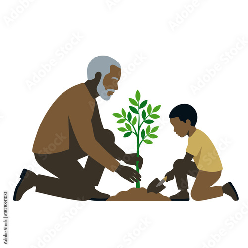 Flat vector illustration of a Black grandfather and grandson planting a tree sapling together, symbolizing family legacy, environmental stewardship and future growth.