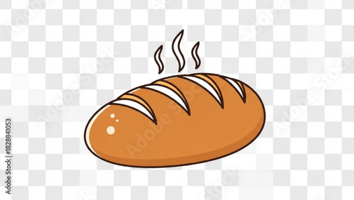 Cartoon illustration of a freshly baked loaf of bread with steam rising, perfect for bakery or food design concepts