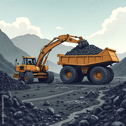 Heavy machinery operating at a mine site, excavating and loading coal into a dump truck in an arid landscape