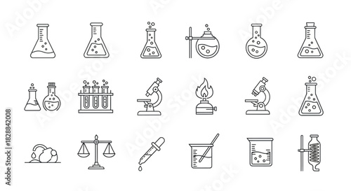 Collection of Hand-Drawn Scientific Laboratory Equipment and Glassware.