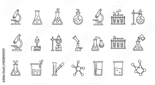 Collection of Hand-Drawn Scientific Laboratory Equipment Icons.