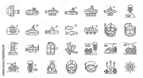 Collection of Hand-Drawn Underwater Exploration and Marine Life Icons in Black and White.
