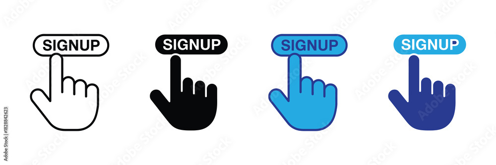 Fototapeta premium Four different styles of a hand cursor clicking a signup button, representing online registration and user engagement actions.
