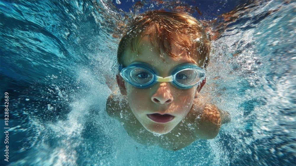 Naklejka premium A young boy swims underwater wearing goggles surrounded by bright blue water and bubbles. The sun shines brightly above creating a joyful scene of summer fun.