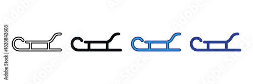 Set of four sled icons in outline, solid black, light blue, and dark blue representing winter transport and recreational fun