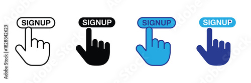 Four different styles of a hand cursor clicking a signup button, representing online registration and user engagement actions.