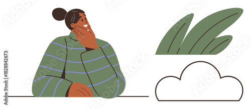 Individual wearing striped sweater rests hand on cheek in thoughtful pose. Green leaves and cloud outline add contrast. Ideal for contemplation, creativity, mindfulness, problem-solving, innovation
