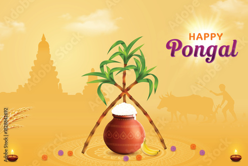 Pongal Festive Celebration With Rice Mud Pot, Wheat Ear, Sugarcane And Oil Lamp On Yellow Background. Grand Indian  Festival Offer Sale Landing Page Vector Illustration For E-commerce, Greetings