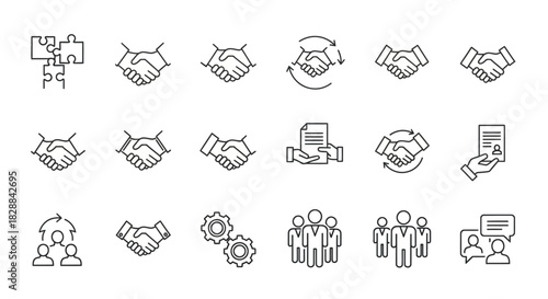 Collection of Line Art Handshake Icons Representing Agreement and Partnership Concepts.