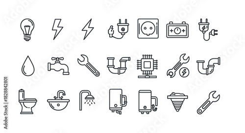 Collection of Line Art Icons Representing Electrical and Plumbing Elements.