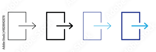 Set of four simple door entry or exit icons with arrows, isolated on white, representing forward movement and access