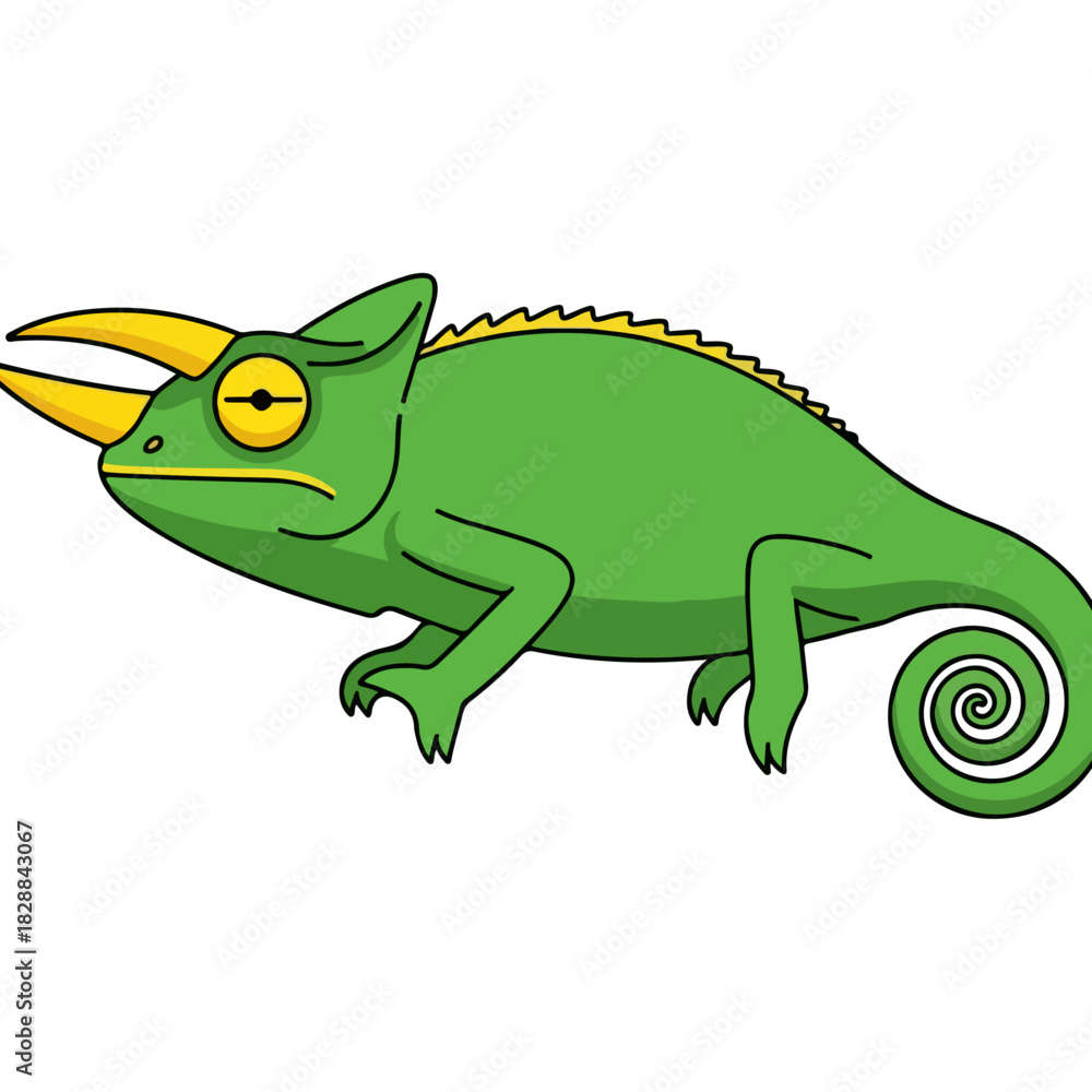 Obraz premium Cartoon Chameleon with Horns and a Swirled Tail Illustration.