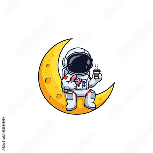 Astronaut enjoying coffee and a donut while sitting on the moon.
