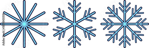 Radiant Neon Cyan Snowflake Trio: Intricate Glowing Designs in Three Variations for Festive Winter Holidays – Elegant Vector Christmas Icons