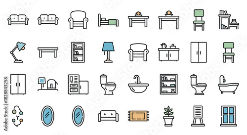 Collection of Hand-Drawn Icons Representing Various Furniture and Household Items.