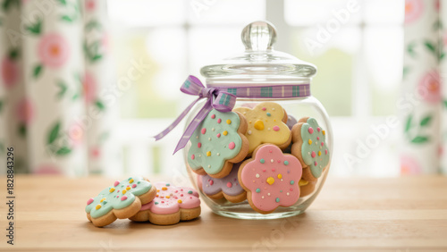 Colorful cookies in glass jar with ribbon, surrounded by more cookies on wooden table. cheerful and inviting scene